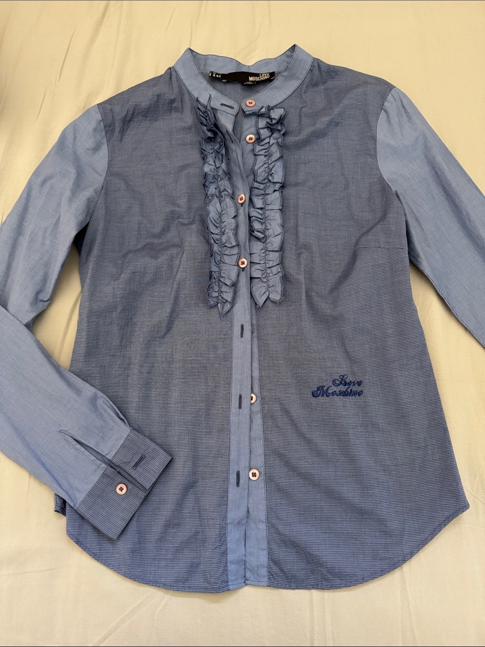Moschino love women’s Light and Mid Blue Ruffle-Front Dress Shirt Sz 40